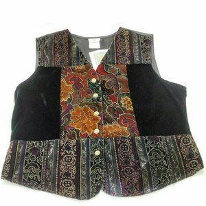 Women's Black Vest Velvet Red & Gold Floral Embroidered Sleeveless Top V Neck
